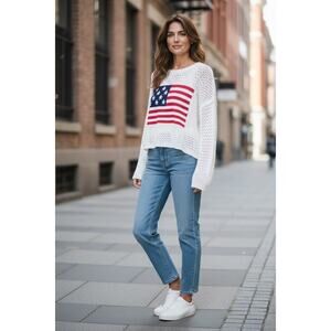 Urban Daizy Open Knit American Flag Sweater White S/M Patriotic 4th of July USA